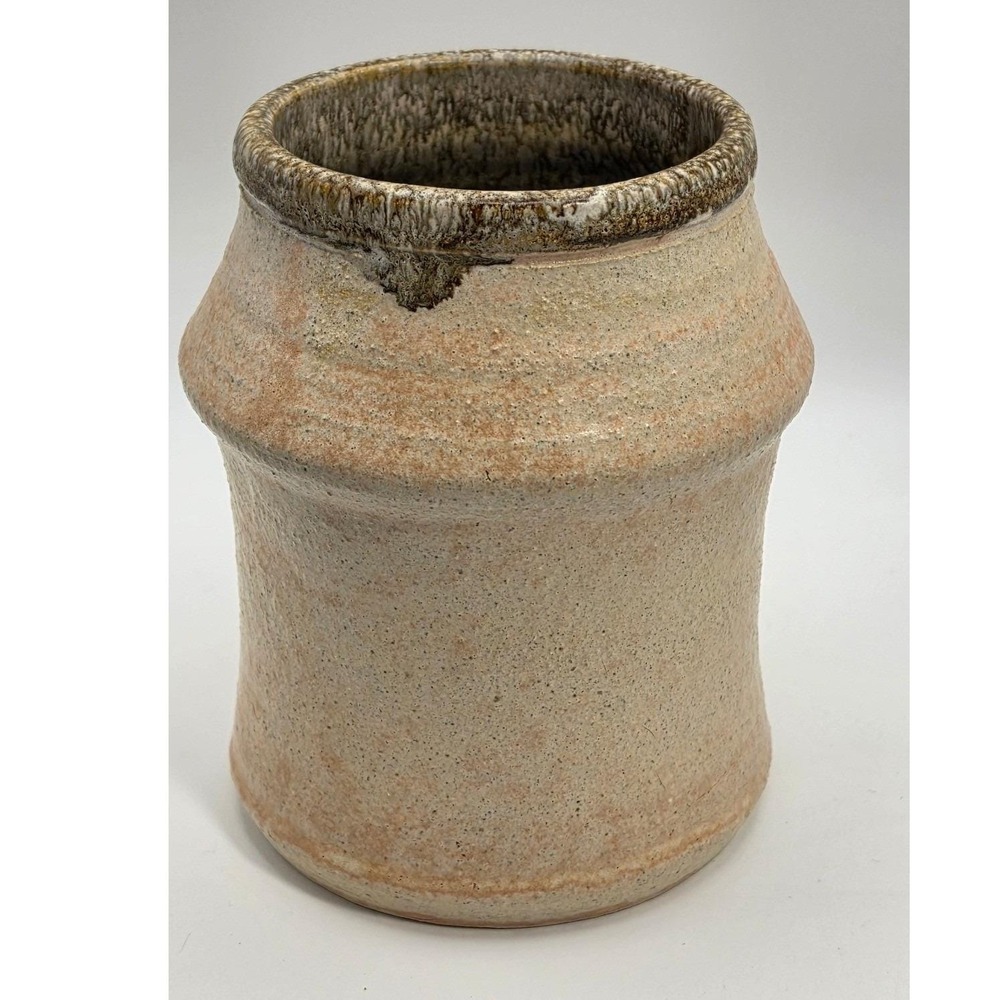 Studio Pottery Hand Thrown Textured Sand Drip Glaze Vase 5 Inch Peach Tan Brown